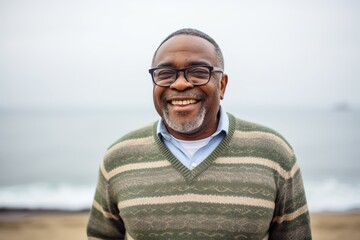 Portrait of smiling senior man with eyeglasses standing on beach