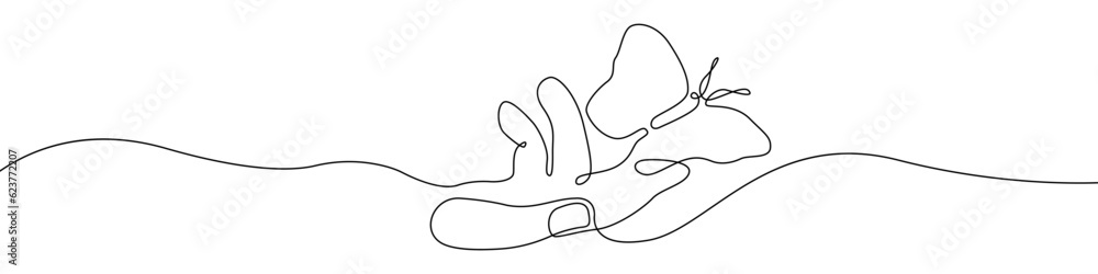 Poster hand with a butterfly on the finger icon line continuous drawing vector. one line hand and butterfly