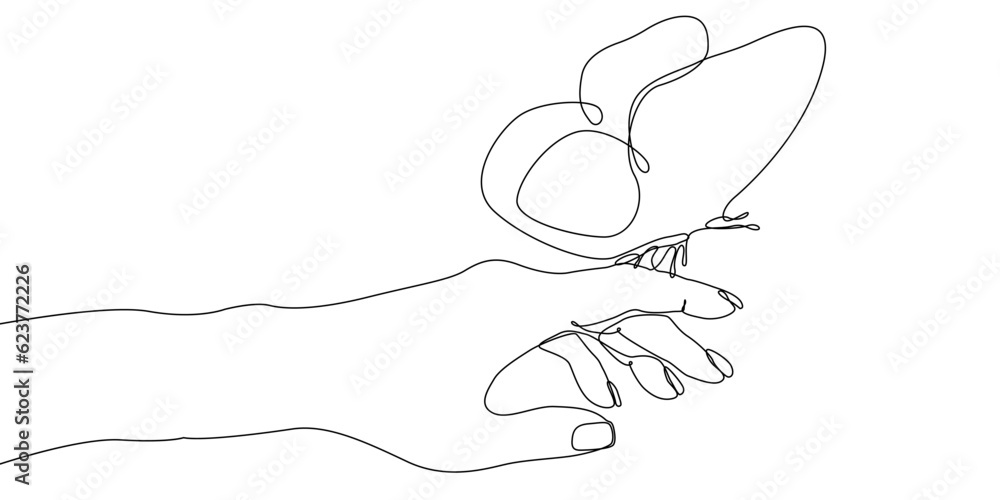 Poster hand with a butterfly on the finger icon line continuous drawing vector. one line hand and butterfly