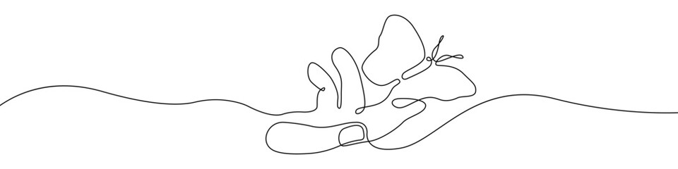 Hand with a butterfly on the finger icon line continuous drawing vector. One line Hand and butterfly icon vector background. Butterfly icon. Continuous outline of a hand icon.