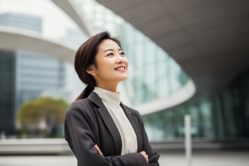 business woman smile and cross her arms in front of modern office building
