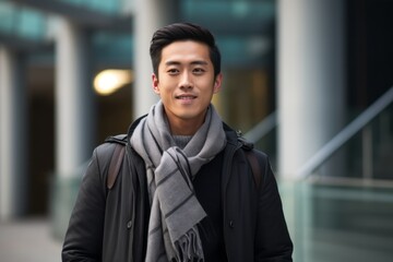 Young asian man wearing a coat and scarf in an urban environment