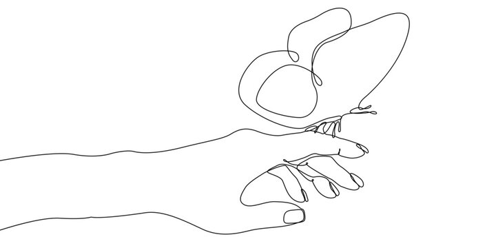 Hand with a butterfly on the finger icon line continuous drawing vector. One line Hand and butterfly icon vector background. Butterfly icon. Continuous outline of a hand icon.