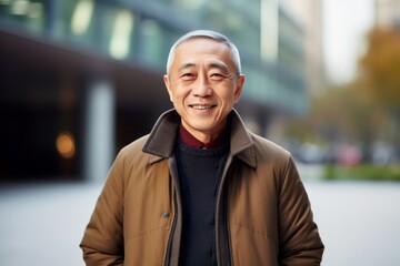 Fototapeta premium Portrait of a senior asian man smiling at the camera outdoors