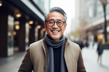 Portrait of happy asian man wearing eyeglasses and coat