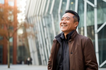 Naklejka premium Portrait of happy asian man in urban background. Cheerful middle-aged man smiling and looking at camera.