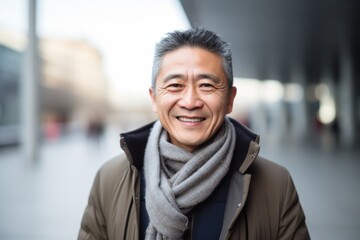 Portrait of an asian senior man wearing scarf and coat outdoors