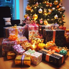 A pile of colorful wrapped presents for Christmas. Generative AI illustration.