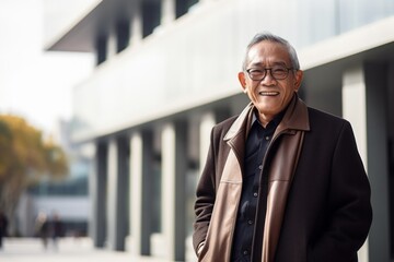 Naklejka premium Portrait of happy senior Asian man with eyeglasses in city