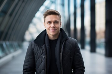 Fototapeta premium Portrait of a handsome young man in urban background. Man wearing black jacket.