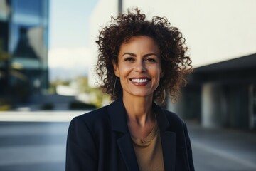 Portrait of smiling businesswoman with curly hair looking at camera in city