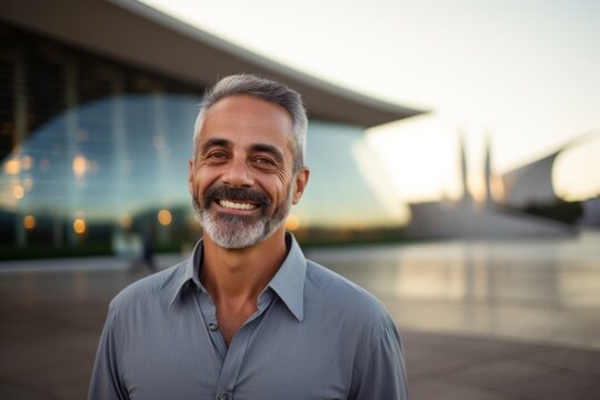 Portrait photography of a happy Brazilian man in his 50s wearing a chic cardigan against a modern architectural background 