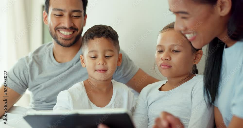 Poster Mom, dad and children on tablet in bedroom for games, online learning or reading ebook media. Family, young kids and relax together in morning on digital technology, watching cartoon or story at home