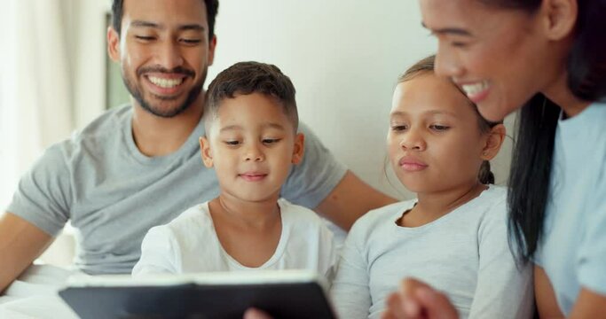 Mom, dad and children on tablet in bedroom for games, online learning or reading ebook media. Family, young kids and relax together in morning on digital technology, watching cartoon or story at home