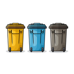Three different colored trash cans on a white background. Generative AI.
