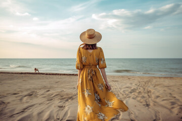woman lifestyle beautiful beach summer hippie person dress resort fashion sea. Generative AI.