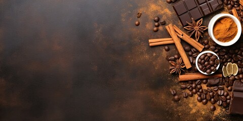 Fototapeta na wymiar Fresh dark chocolate and coffee bean on wooden table background for your product with copy space