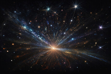 Naklejka premium Colorful space galaxy cloud nebula. Stary night cosmos. Universe science astronomy. Supernova background wallpaper. Generative Al