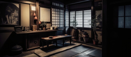 A Japanese old room. Japanese midcentury room ornaments.  Hand-edited generative AI. 