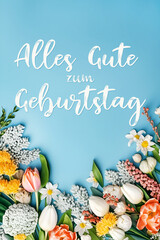 German quote: Alles gute zum Geburtstag. Translated Happy Birthday. Hand drawn lettering for Social...