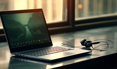 Obraz na płótnie Canvas earphone photo on laptop at work