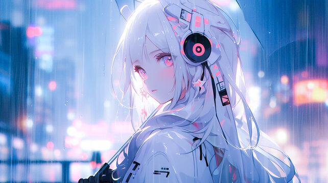 Anime girl character, cyberpunk cyborg in an urban cityscape on a rainy day. Created with Generative AI.