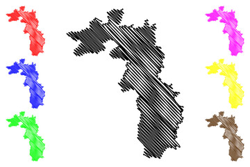 Malvern Hills Non-metropolitan district (United Kingdom of Great Britain and Northern Ireland, ceremonial county Worcestershire or Worcs, England) map vector illustration, scribble sketch map