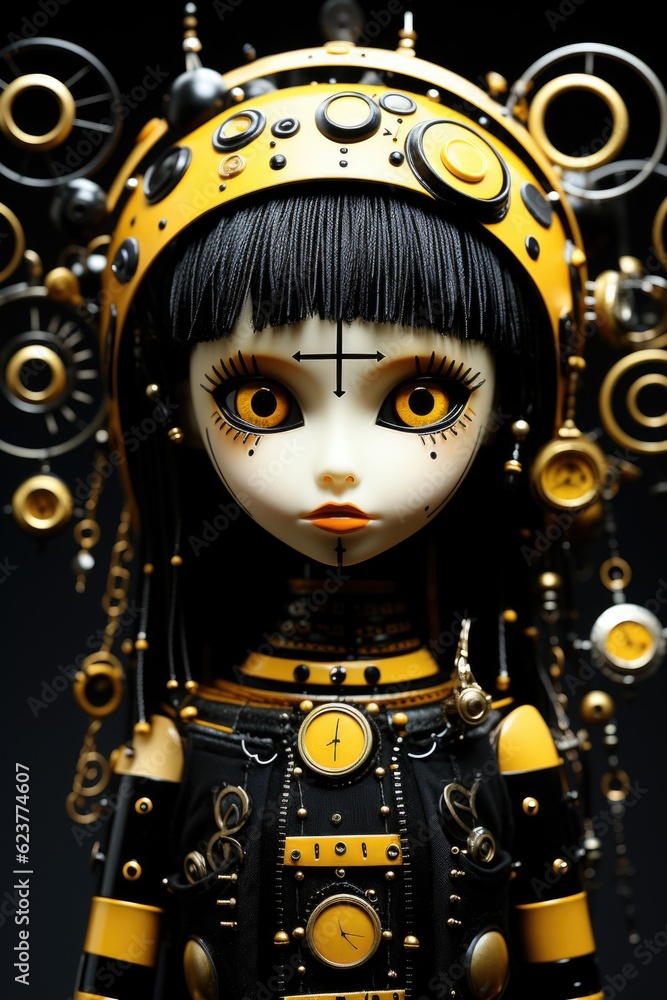 Aufkleber a close up of a doll with a clock on it's head. generative ai.