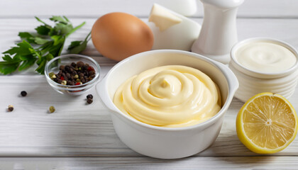 Traditional mayonnaise sauce in white ceramic bowl and ingredients for its preparation on white...