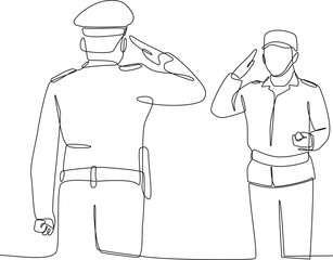 Single continuous line drawing of police officer salute each other. works, Simple Line, vector, continuous line.