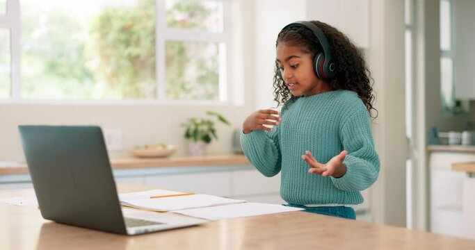 Laptop, headset and e learning with a child talking for presentation, lesson or reading speech. Young girl student with tech for online education, video call and development or virtual class at home