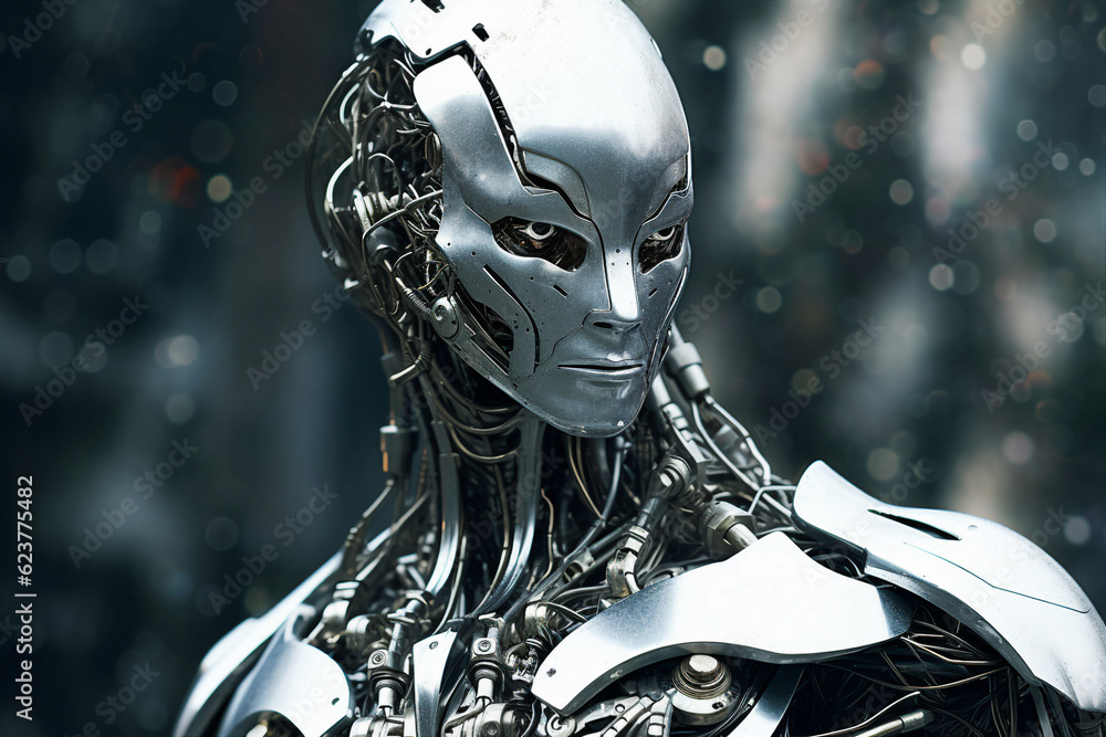 Aufkleber creative template graphics image of steel scary human face robot created with generative ai modern t