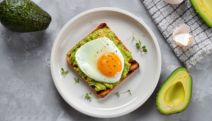 Toast with guacamole sauce from avocado, cheese, fried egg and fresh on white ceramic plate on gray concrete background. Selective focus. Top view.