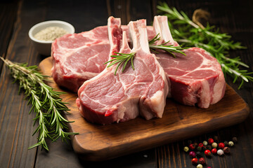 Savory marbled pork chops with rosemary on vintage wooden background. Generated AI tools