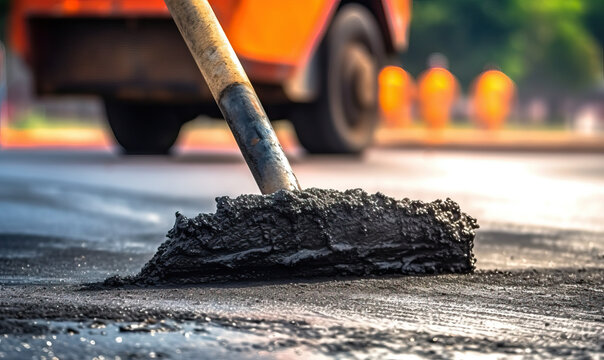 Road construction: hand laying asphalt with scraper close-up. Created using generative AI tools
