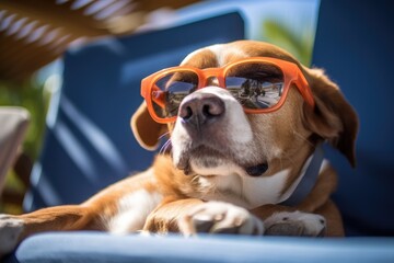 Fototapeta na wymiar Dog in sunglasses takes on the role of a human on vacation