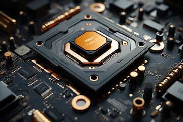 Fototapeta premium CPU Chip on Motherboard. Abstract background with computer processor chip on a circuit board with microchips and other computer parts. Electronic circuit board close up. Conceptual image