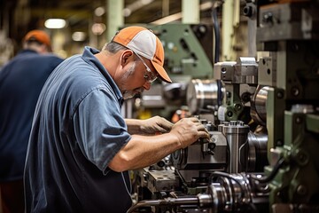 Skilled individuals operating various machines in a manufacturing or industrial