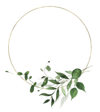 Watercolor painted greenery round golden frame. Green wild plants, branches, leaves and twigs. Isolated clipart.