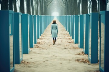 A woman walking down a path lined with blue poles. Generative AI.