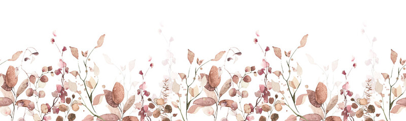 Watercolor painted seamless border. Orange and pink autumn wild flowers, branches, leaves and twigs. Isolated clipart.