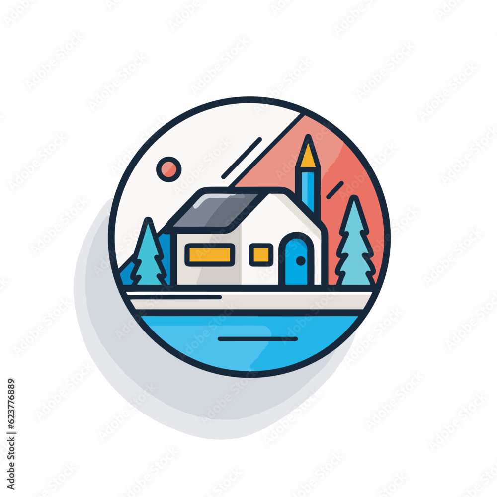 Poster vector of a house with trees and mountains in the background