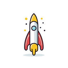 Vector of a flat icon vector of a red and yellow rocket ship flying through the air
