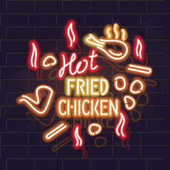 Neon hot fried chicken poster. Typography with food silhouette on brick wall background.