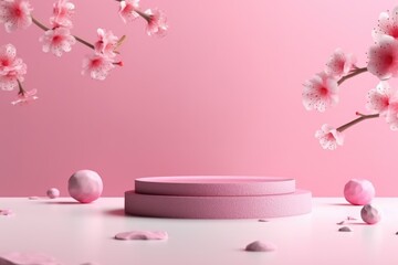 Background pink podium display. Sakura pink flowers.  AI Generative