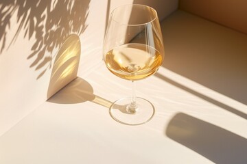 White wine in a glass on light biege background. Wineglasses. Summer drink for party, wine shop or wine tasting concept. Hard light. Copy space