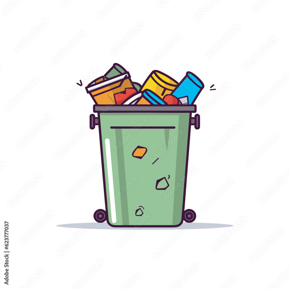 Poster vector of a flat icon vector of a green trash can filled with garbage