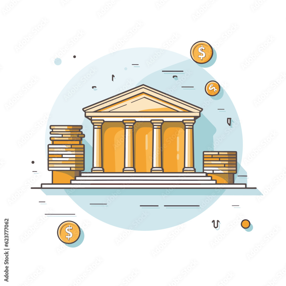 Aufkleber vector of a building surrounded by stacks of coins in a flat icon style