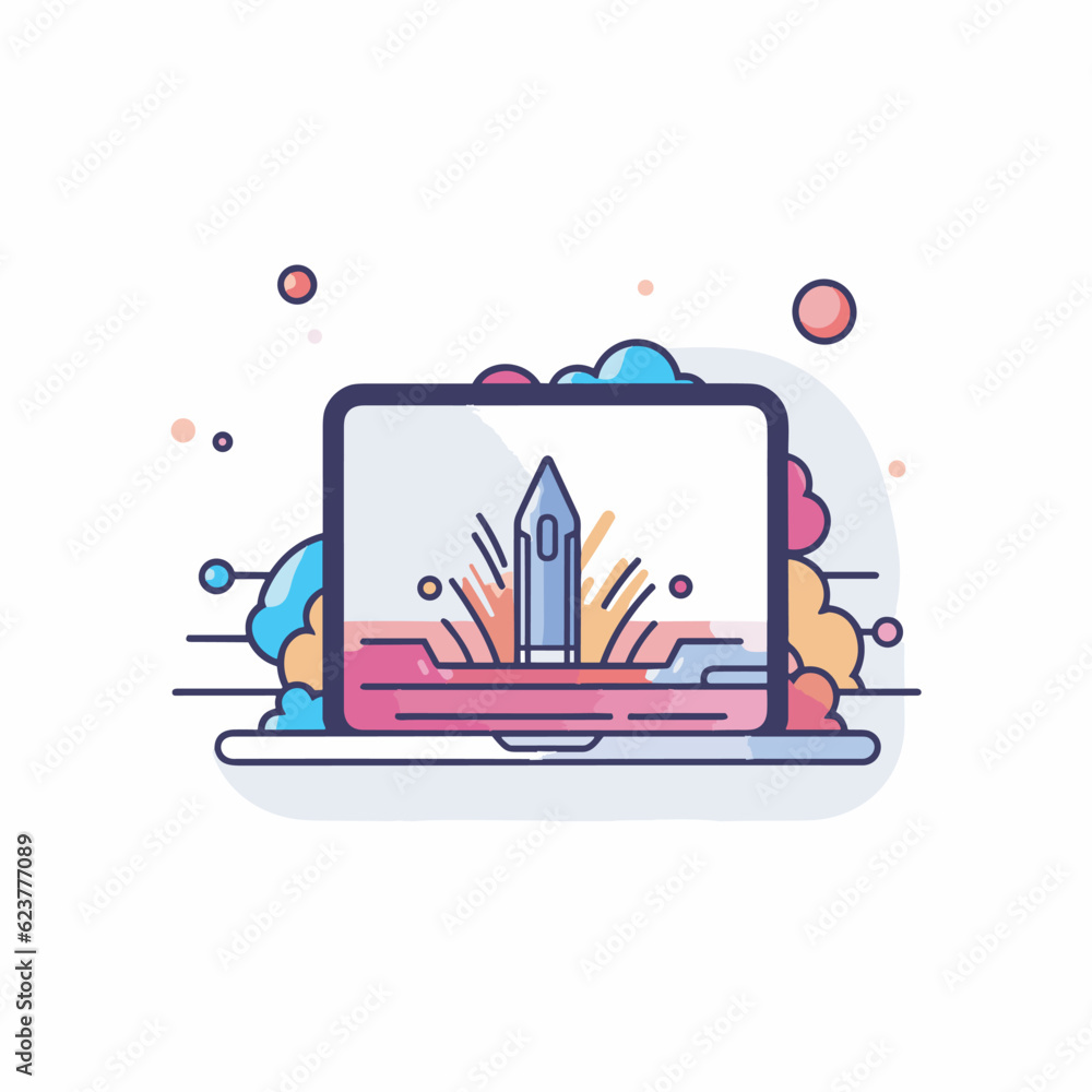 Poster vector of a laptop with a rocket launching out of the screen in a flat style