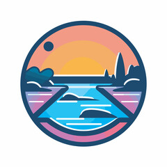 Vector of a flat icon of a sunset over a circular body of water
